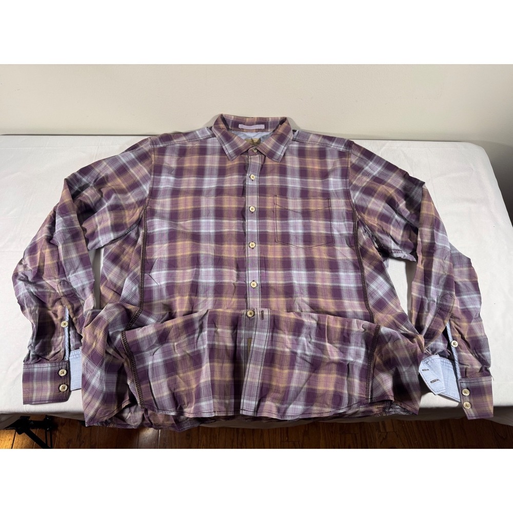 Tommy Bahama Jeans Mens Large Purple Plaid Cotton Button Down Shirt Long Sleeve